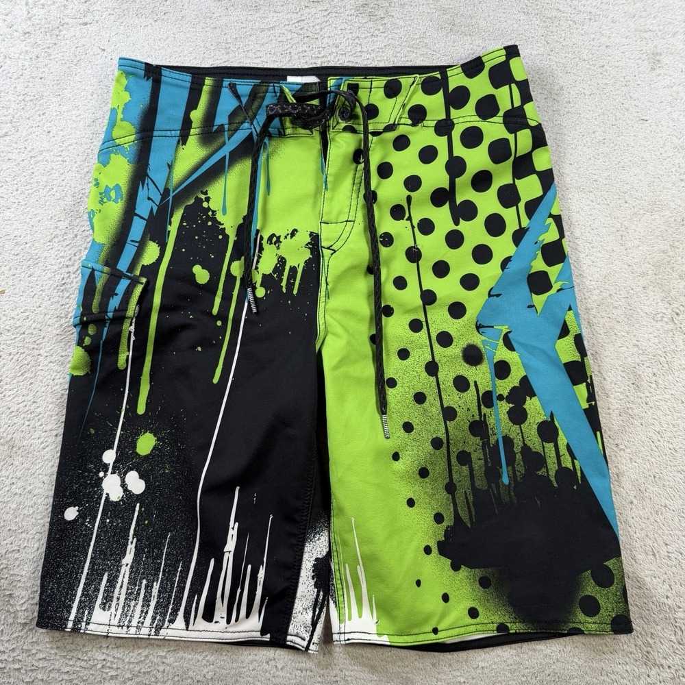 Fox Racing Board Shorts Mens 32 Green Performance Stretch Drawstring Hybrid Swim